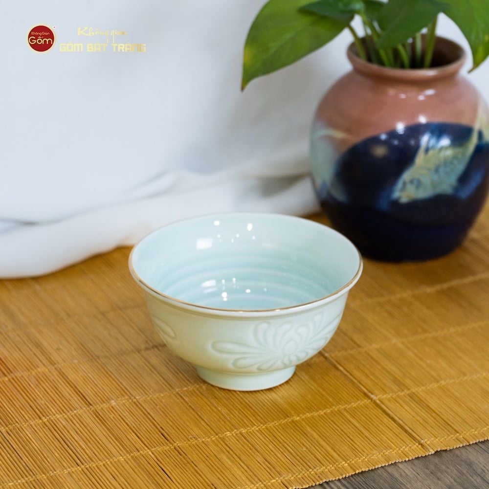 Bộ Bát Đĩa Men Xanh Ngọc Hoa Cúc Kẻ Vàng