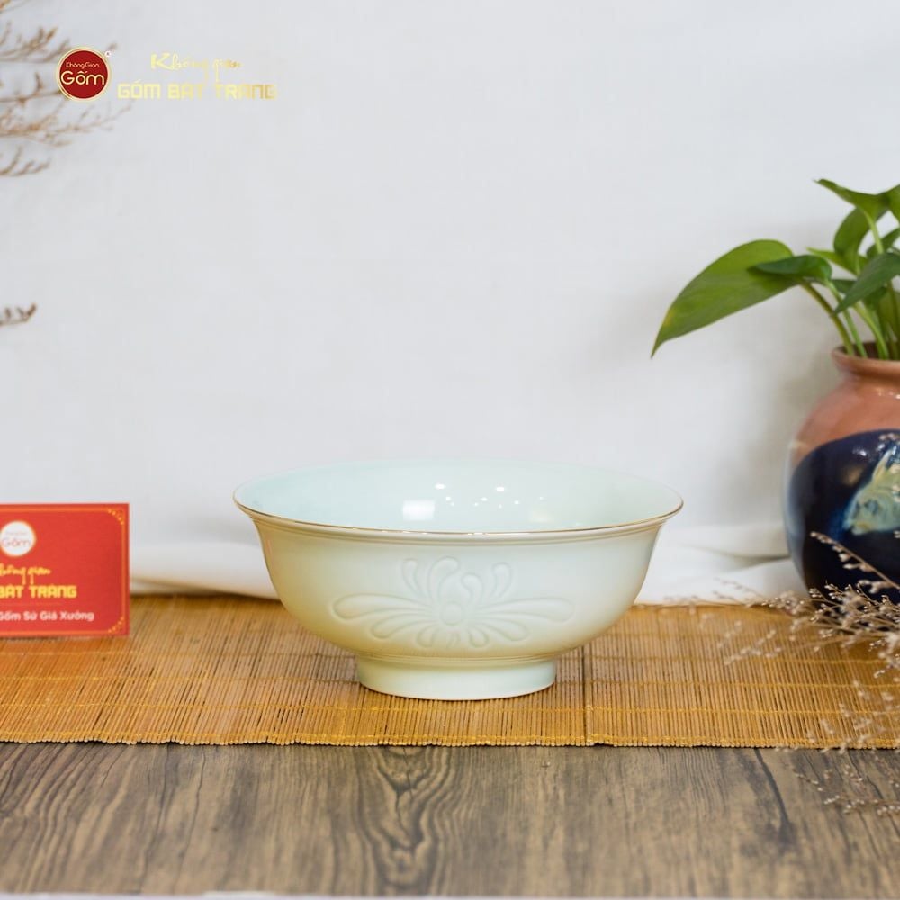 Bộ Bát Đĩa Men Xanh Ngọc Hoa Cúc Kẻ Vàng