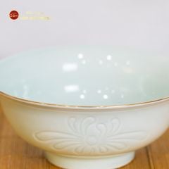 Bộ Bát Đĩa Men Xanh Ngọc Hoa Cúc Kẻ Vàng