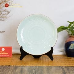 Đĩa Men Xanh Ngọc Hoa Cúc Kẻ Vàng