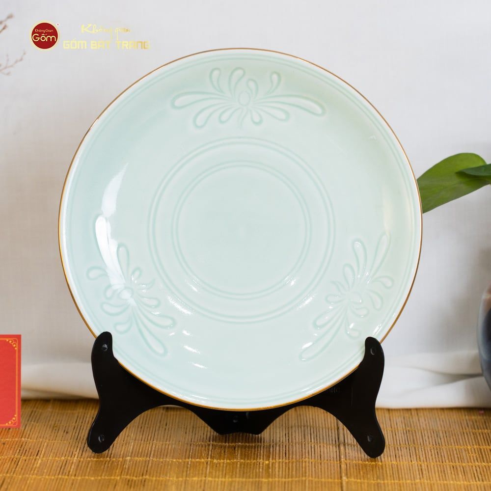 Bộ Bát Đĩa Men Xanh Ngọc Hoa Cúc Kẻ Vàng
