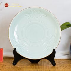 Đĩa Men Xanh Ngọc Hoa Cúc Kẻ Vàng