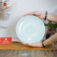 Đĩa Men Xanh Ngọc Hoa Cúc Kẻ Vàng