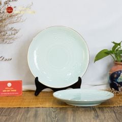 Đĩa Men Xanh Ngọc Hoa Cúc Kẻ Vàng