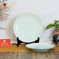 Bộ Bát Đĩa Men Xanh Ngọc Hoa Cúc Kẻ Vàng
