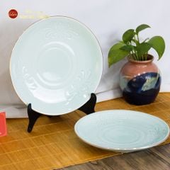Đĩa Men Xanh Ngọc Hoa Cúc Kẻ Vàng