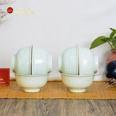 Bộ Bát Đĩa Men Xanh Ngọc Hoa Cúc Kẻ Vàng