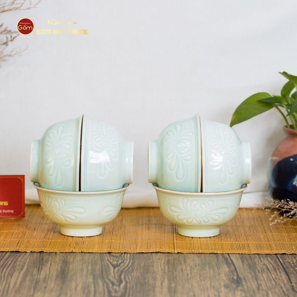 Bát Cơm Men Xanh Ngọc Hoa Cúc Kẻ Vàng