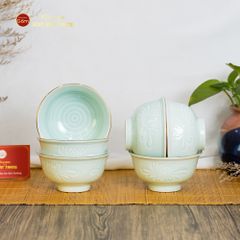 Bát Cơm Men Xanh Ngọc Hoa Cúc Kẻ Vàng