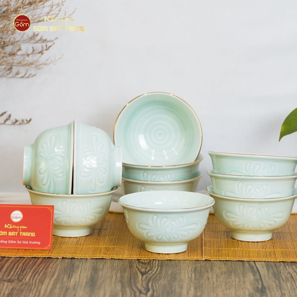 Bát Cơm Men Xanh Ngọc Hoa Cúc Kẻ Vàng