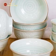 Bộ Bát Đĩa Men Xanh Ngọc Hoa Cúc Kẻ Vàng