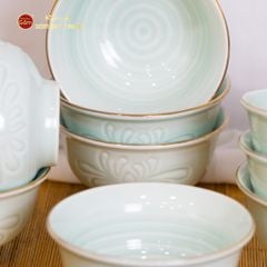Bát Cơm Men Xanh Ngọc Hoa Cúc Kẻ Vàng