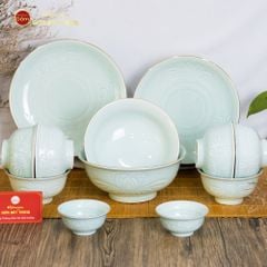 Bộ Bát Đĩa Men Xanh Ngọc Hoa Cúc Kẻ Vàng