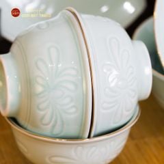 Bộ Bát Đĩa Men Xanh Ngọc Hoa Cúc Kẻ Vàng
