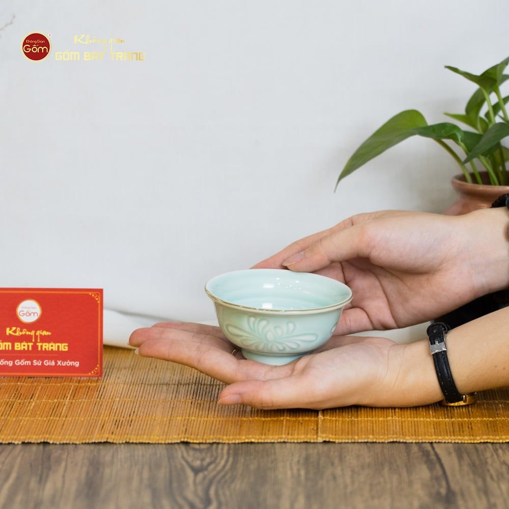 Bộ Bát Đĩa Men Xanh Ngọc Hoa Cúc Kẻ Nâu