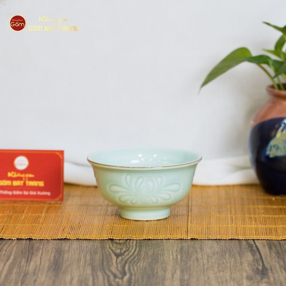 Bát Cơm Men Xanh Ngọc Vân Hoa Cúc Kẻ Nâu