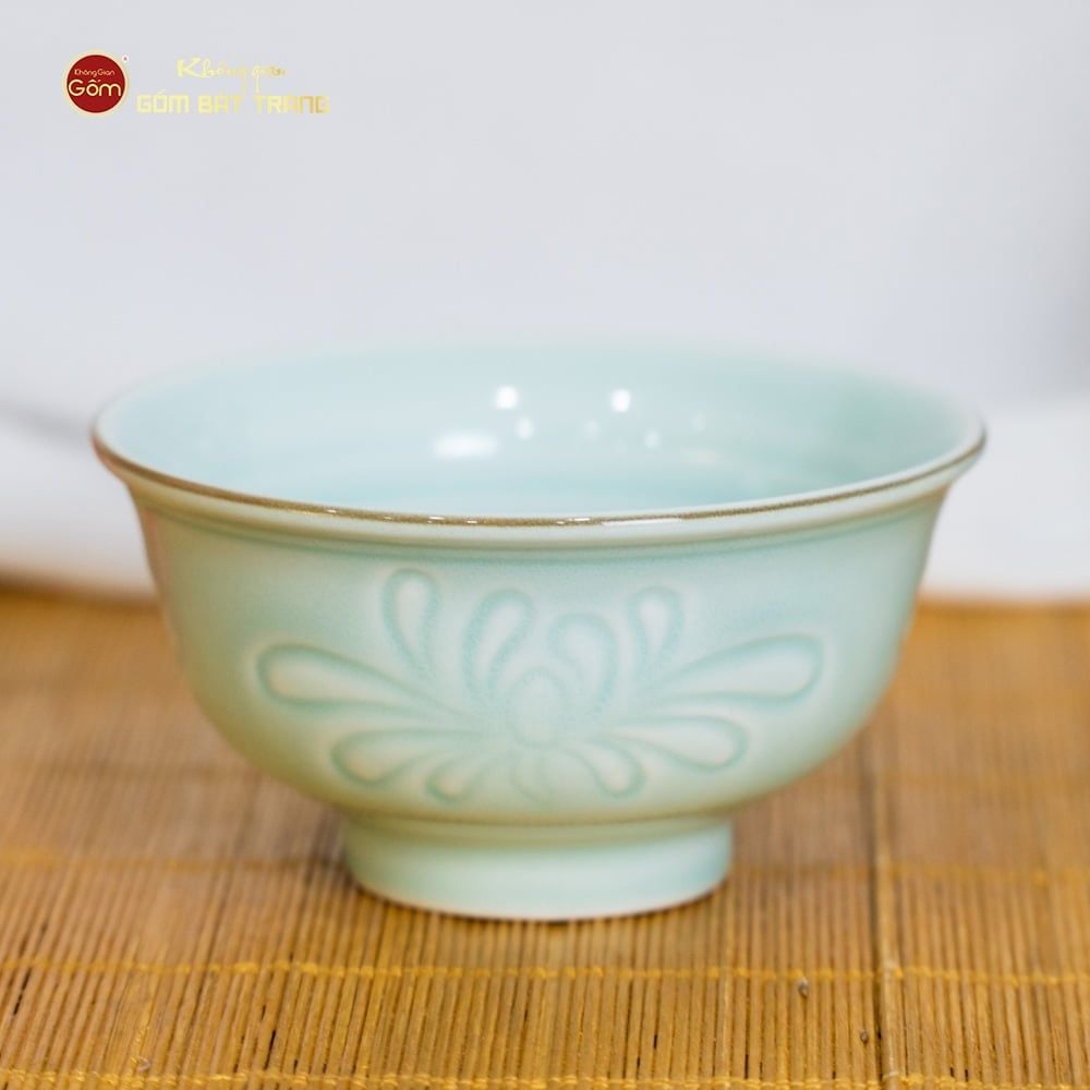 Bát Cơm Men Xanh Ngọc Vân Hoa Cúc Kẻ Nâu
