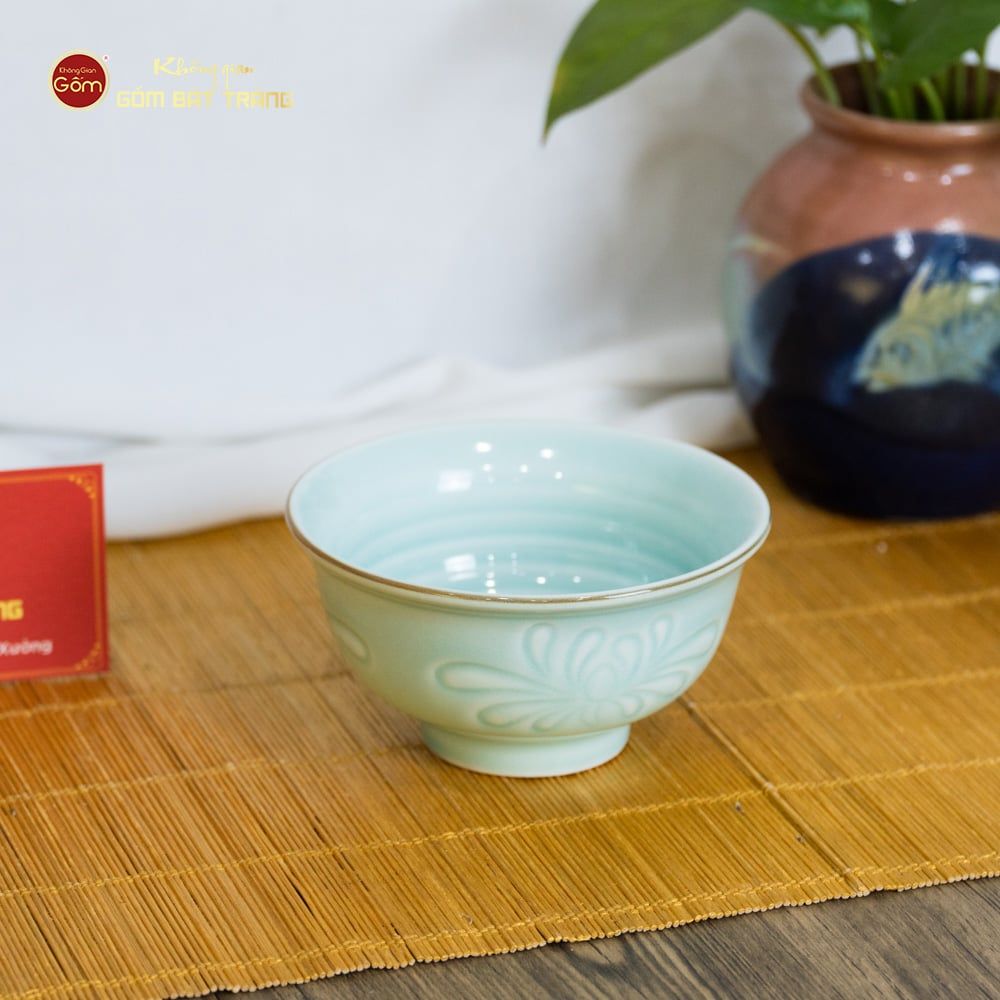 Bộ Bát Đĩa Men Xanh Ngọc Hoa Cúc Kẻ Nâu