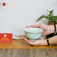 Bộ Bát Đĩa Men Xanh Ngọc Hoa Cúc Kẻ Nâu