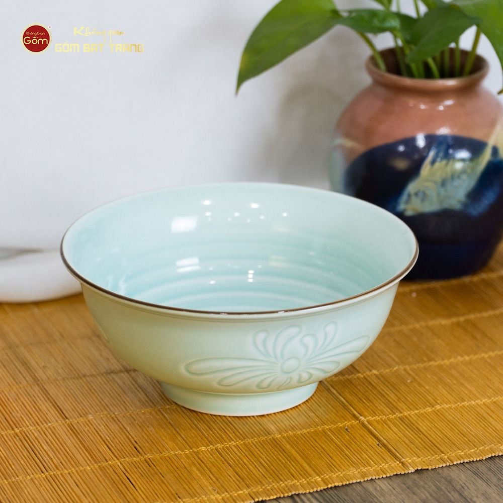 Bộ Bát Đĩa Men Xanh Ngọc Hoa Cúc Kẻ Nâu