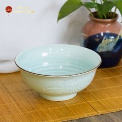 Bộ Bát Đĩa Men Xanh Ngọc Hoa Cúc Kẻ Nâu