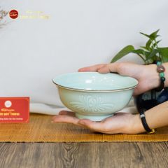 Bộ Bát Đĩa Men Xanh Ngọc Hoa Cúc Kẻ Nâu