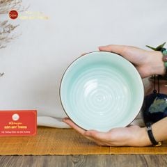 Bộ Bát Đĩa Men Xanh Ngọc Hoa Cúc Kẻ Nâu