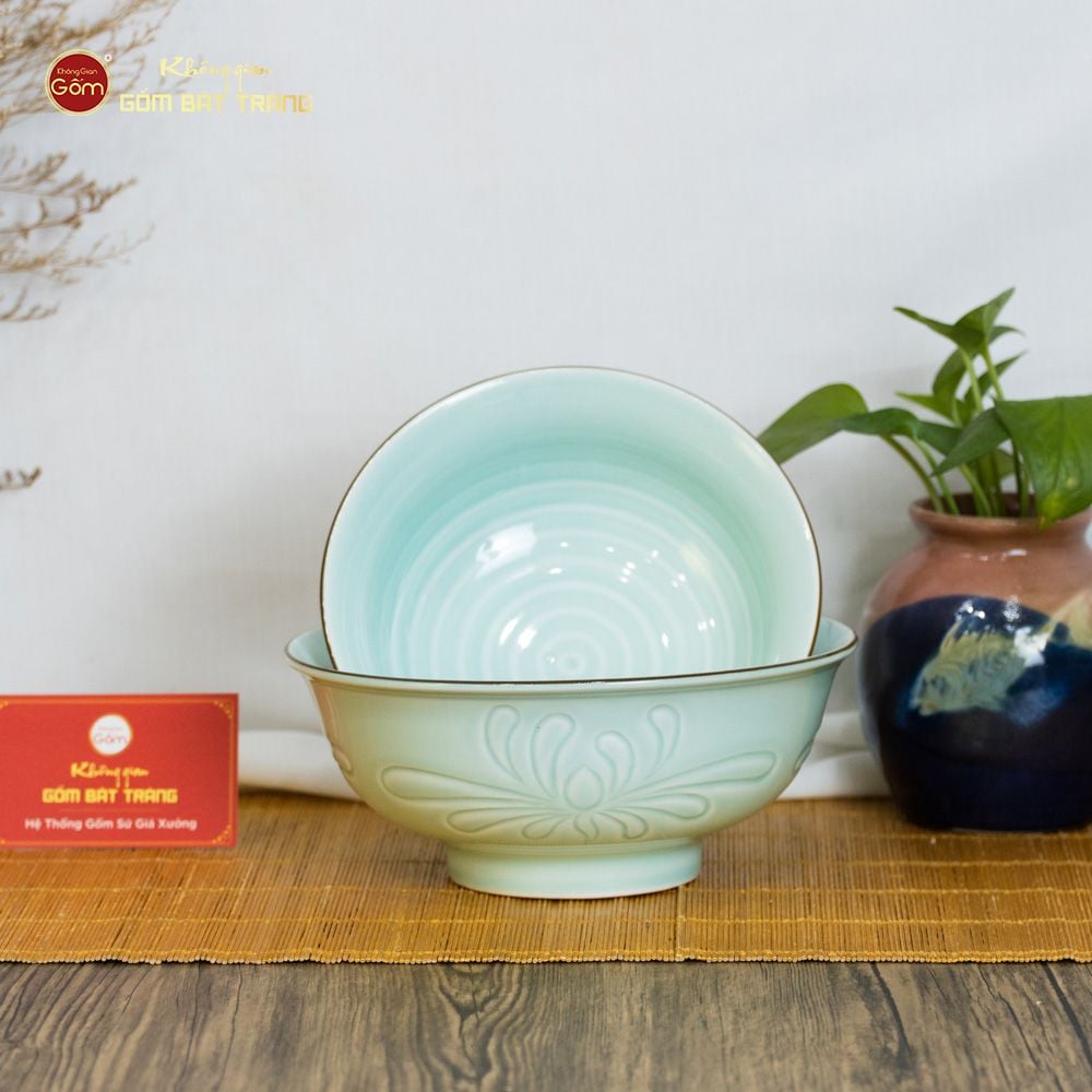 Bộ Bát Đĩa Men Xanh Ngọc Hoa Cúc Kẻ Nâu