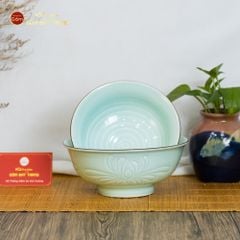 Bộ Bát Đĩa Men Xanh Ngọc Hoa Cúc Kẻ Nâu