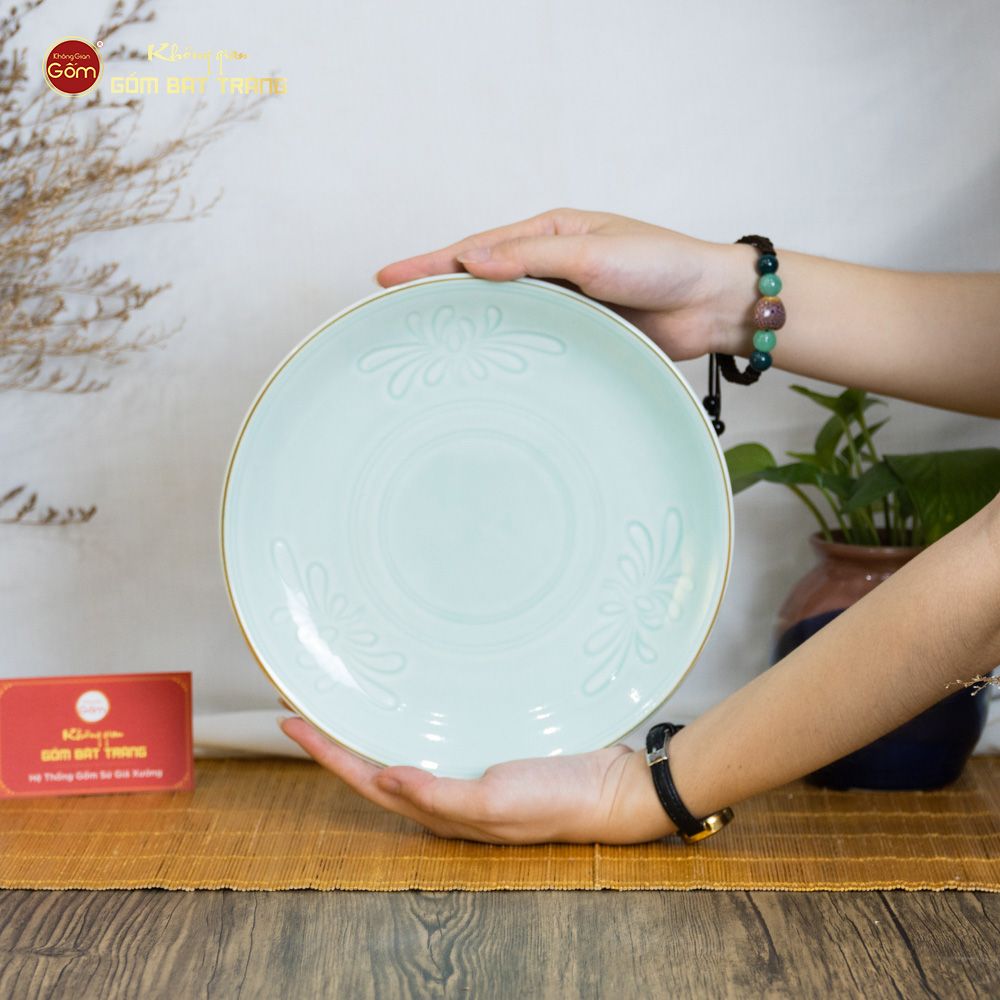 Bộ Bát Đĩa Men Xanh Ngọc Hoa Cúc Kẻ Nâu