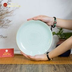 Bộ Bát Đĩa Men Xanh Ngọc Hoa Cúc Kẻ Nâu