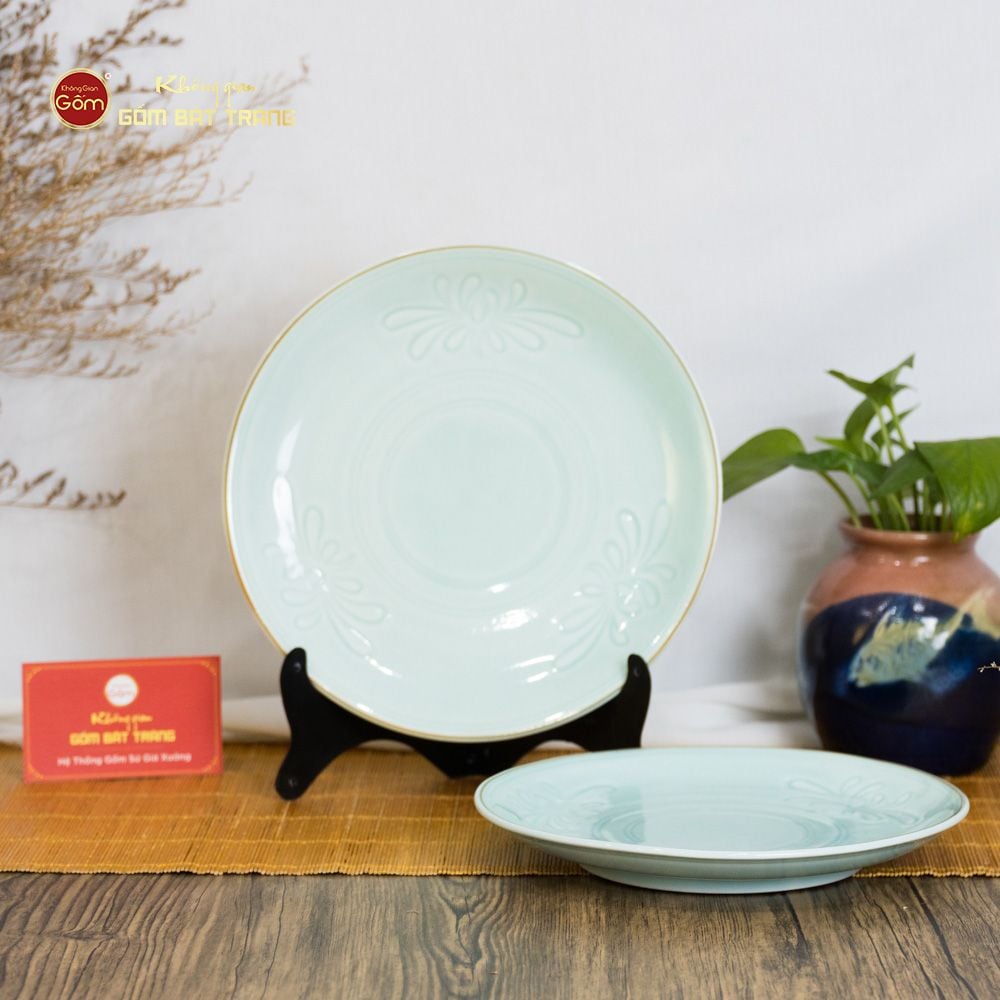 Bộ Bát Đĩa Men Xanh Ngọc Hoa Cúc Kẻ Nâu