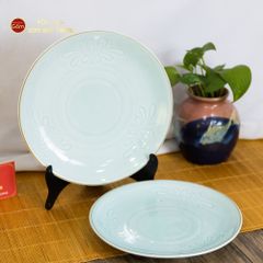 Bộ Bát Đĩa Men Xanh Ngọc Hoa Cúc Kẻ Nâu