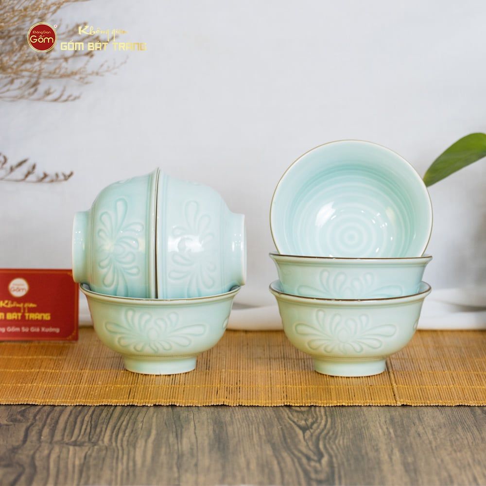 Bộ Bát Đĩa Men Xanh Ngọc Hoa Cúc Kẻ Nâu