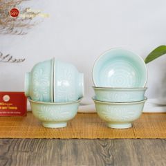 Bộ Bát Đĩa Men Xanh Ngọc Hoa Cúc Kẻ Nâu