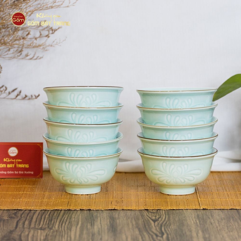 Bộ Bát Đĩa Men Xanh Ngọc Hoa Cúc Kẻ Nâu