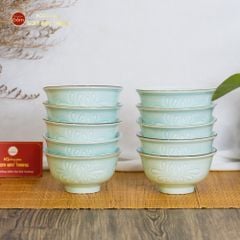 Bộ Bát Đĩa Men Xanh Ngọc Hoa Cúc Kẻ Nâu