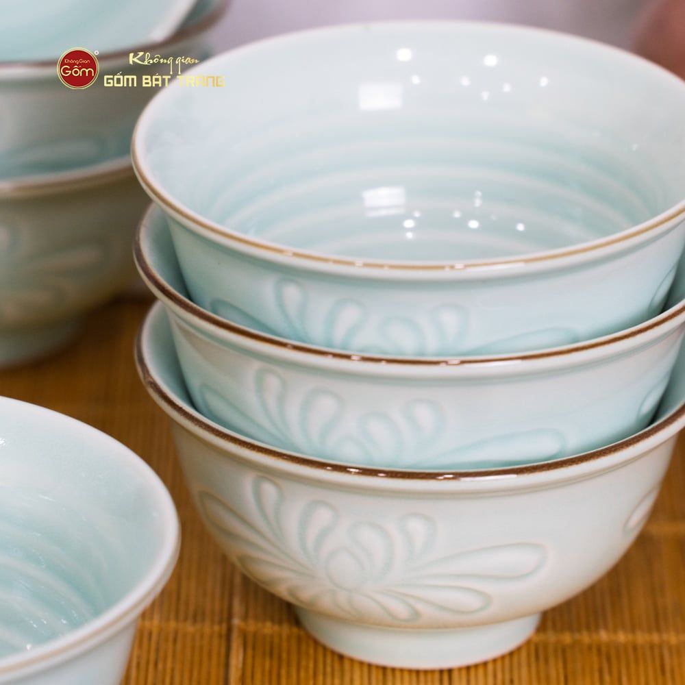 Bộ Bát Đĩa Men Xanh Ngọc Hoa Cúc Kẻ Nâu