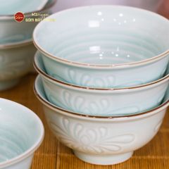 Bộ Bát Đĩa Men Xanh Ngọc Hoa Cúc Kẻ Nâu