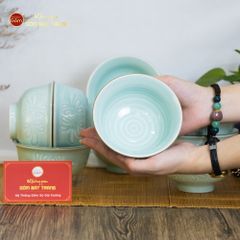 Bộ Bát Đĩa Men Xanh Ngọc Hoa Cúc Kẻ Nâu