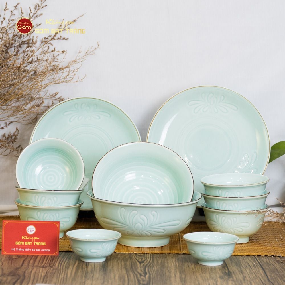Bộ Bát Đĩa Men Xanh Ngọc Hoa Cúc Kẻ Nâu