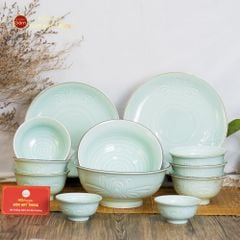 Bộ Bát Đĩa Men Xanh Ngọc Hoa Cúc Kẻ Nâu