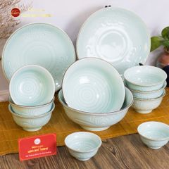 Bộ Bát Đĩa Men Xanh Ngọc Hoa Cúc Kẻ Nâu