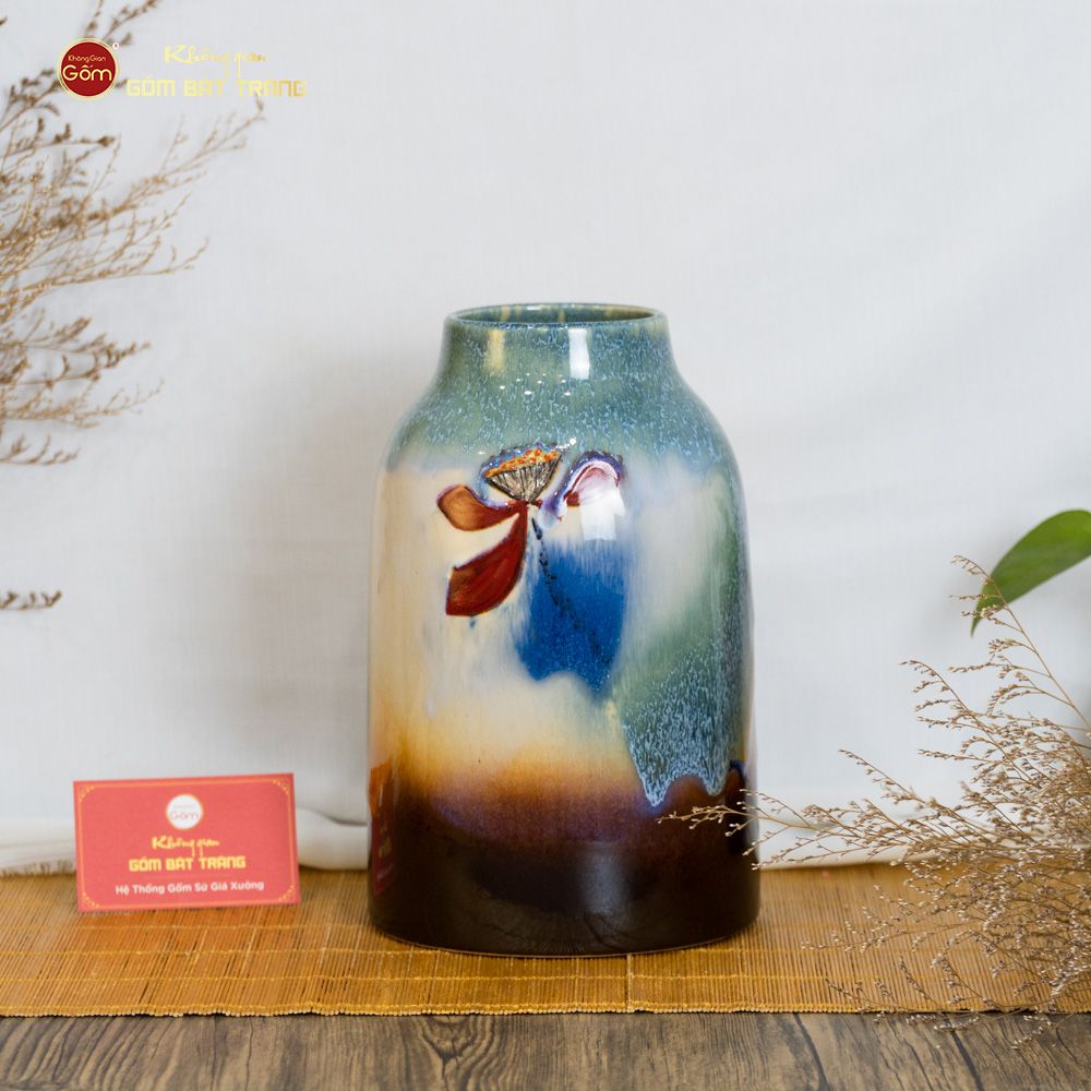 Lọ Hoa Cổ Đứng Men Chảy Họa Tiết Búp Sen