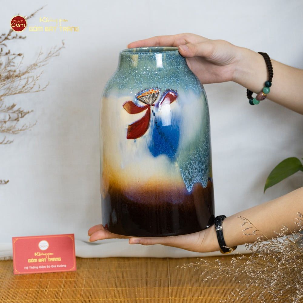 Lọ Hoa Cổ Đứng Men Chảy Họa Tiết Búp Sen