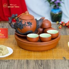 Bộ Ấm Trà Tử Sa Đắp Nổi Hoa Mẫu Đơn Khay Thủng