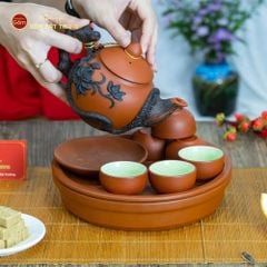 Bộ Ấm Trà Tử Sa Đắp Nổi Hoa Mẫu Đơn Khay Thủng