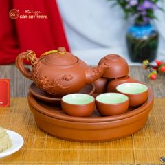 Bộ Ấm Trà Tử Sa Đắp Nổi Hoa Sen Khay Thủng