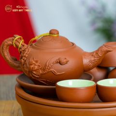 Bộ Ấm Trà Tử Sa Đắp Nổi Hoa Sen Khay Thủng