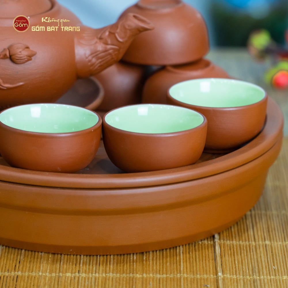 Bộ Ấm Trà Tử Sa Đắp Nổi Hoa Sen Khay Thủng